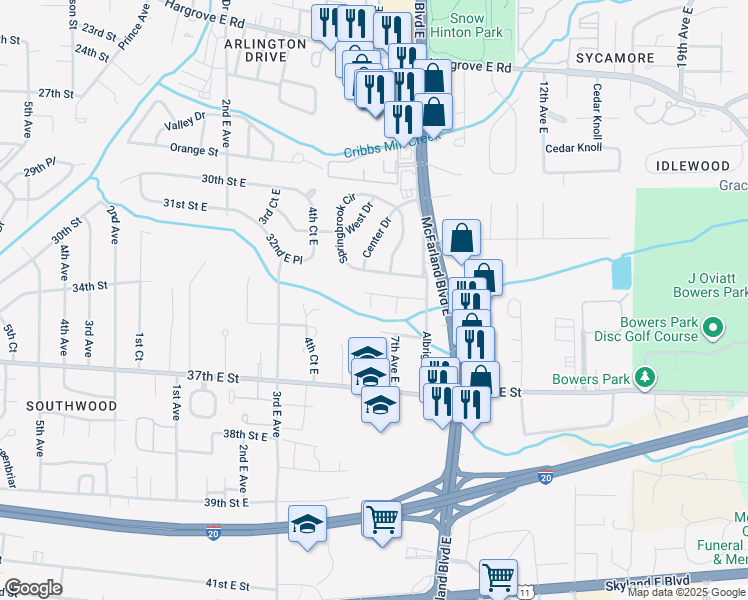 map of restaurants, bars, coffee shops, grocery stores, and more near 603 33rd Street East in Tuscaloosa