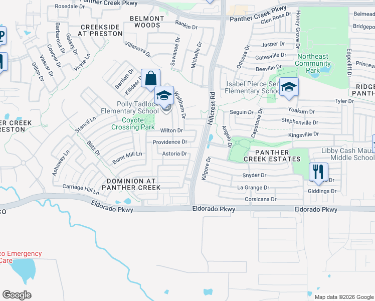 map of restaurants, bars, coffee shops, grocery stores, and more near 10768 Astoria Drive in Frisco
