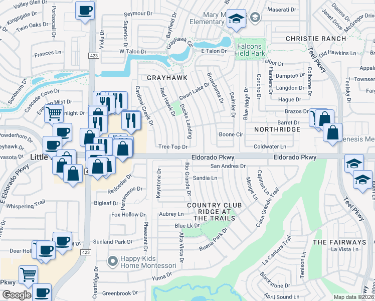 map of restaurants, bars, coffee shops, grocery stores, and more near 1471 Tree Top Drive in Frisco