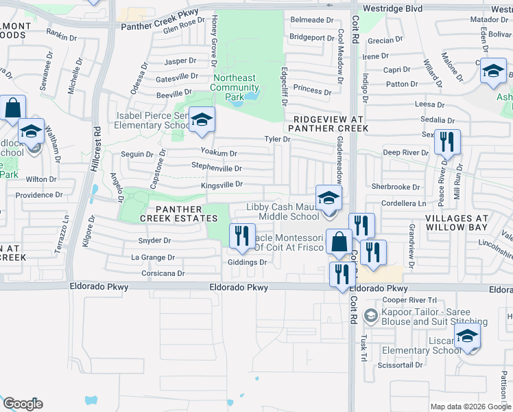 map of restaurants, bars, coffee shops, grocery stores, and more near 11963 Henderson Drive in Frisco