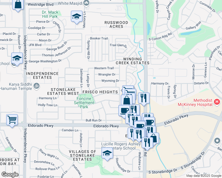 map of restaurants, bars, coffee shops, grocery stores, and more near 15723 Palo Pinto Drive in Frisco