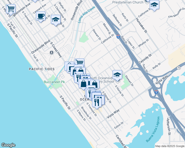 map of restaurants, bars, coffee shops, grocery stores, and more near 1646 South Ditmar Street in Oceanside