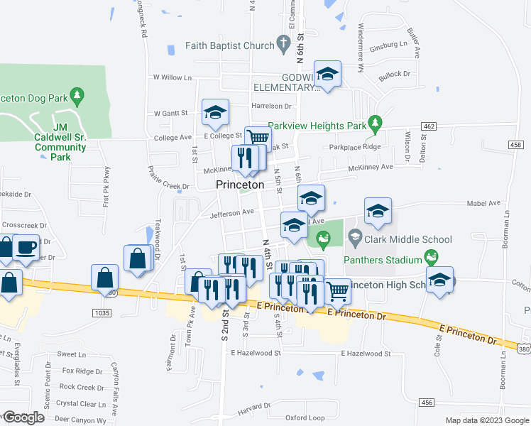 map of restaurants, bars, coffee shops, grocery stores, and more near 409 Jefferson Avenue in Princeton