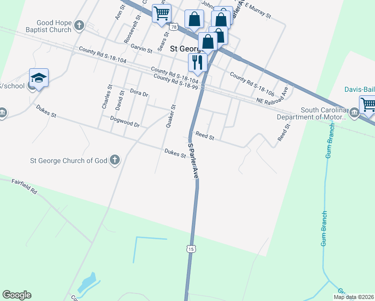 map of restaurants, bars, coffee shops, grocery stores, and more near 100 Dukes Street in Saint George