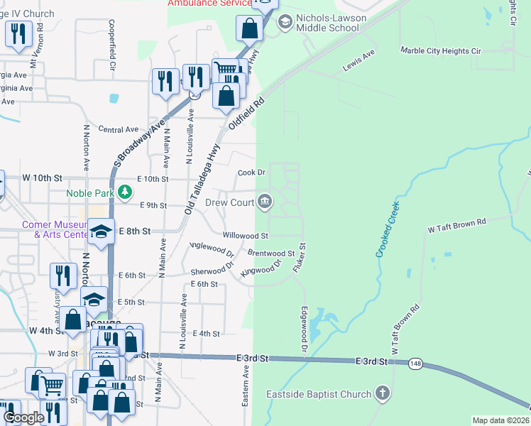 map of restaurants, bars, coffee shops, grocery stores, and more near 900 Crestline Avenue in Sylacauga