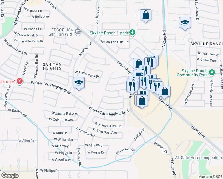 map of restaurants, bars, coffee shops, grocery stores, and more near 2130 West Tanner Ranch Road in Queen Creek