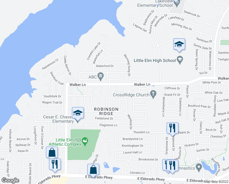 map of restaurants, bars, coffee shops, grocery stores, and more near 2644 Island Bay Way in Little Elm