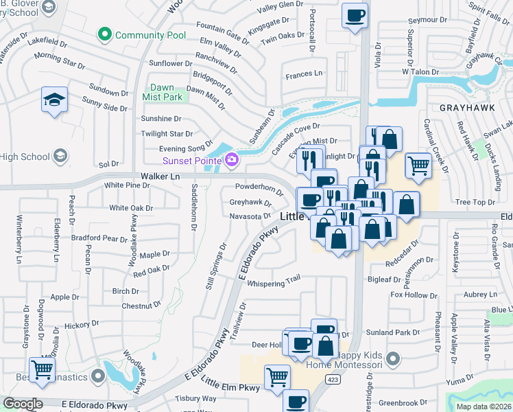 map of restaurants, bars, coffee shops, grocery stores, and more near 2636 Greyhawk Drive in Little Elm