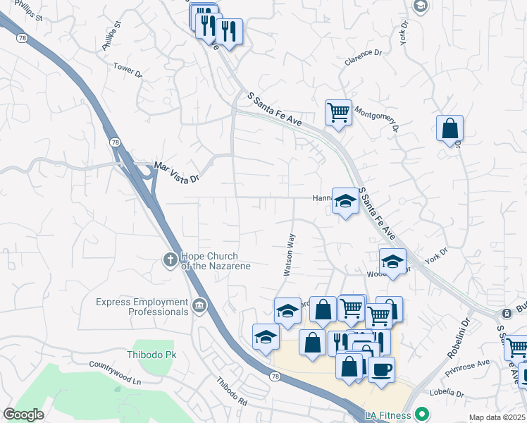 map of restaurants, bars, coffee shops, grocery stores, and more near 1686-88 Gecko Road in Vista