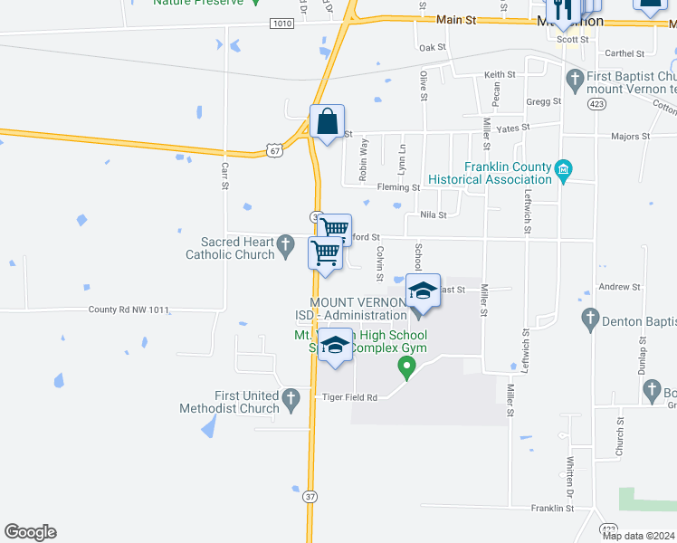 map of restaurants, bars, coffee shops, grocery stores, and more near 407 Texas 37 in Mount Vernon