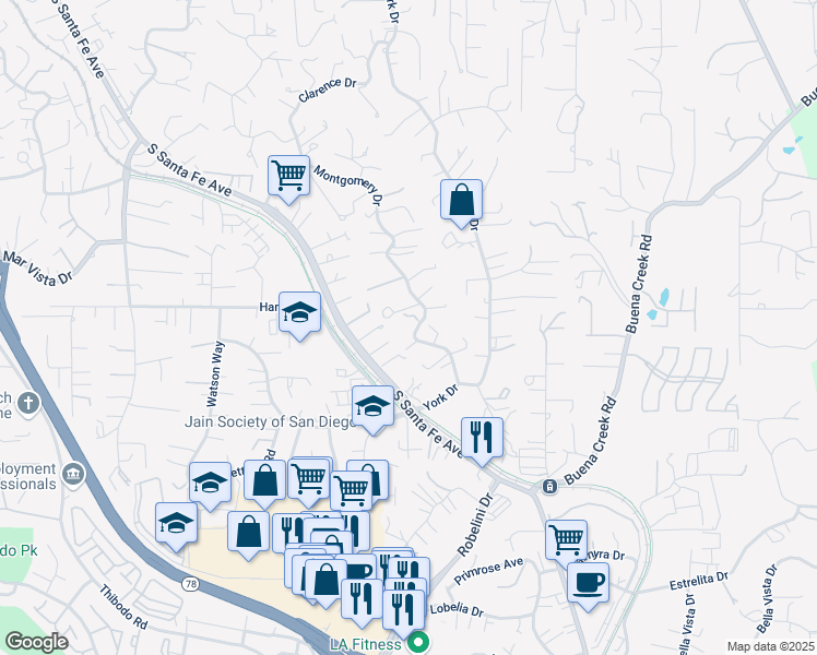 map of restaurants, bars, coffee shops, grocery stores, and more near 1787 Montgomery Drive in Vista
