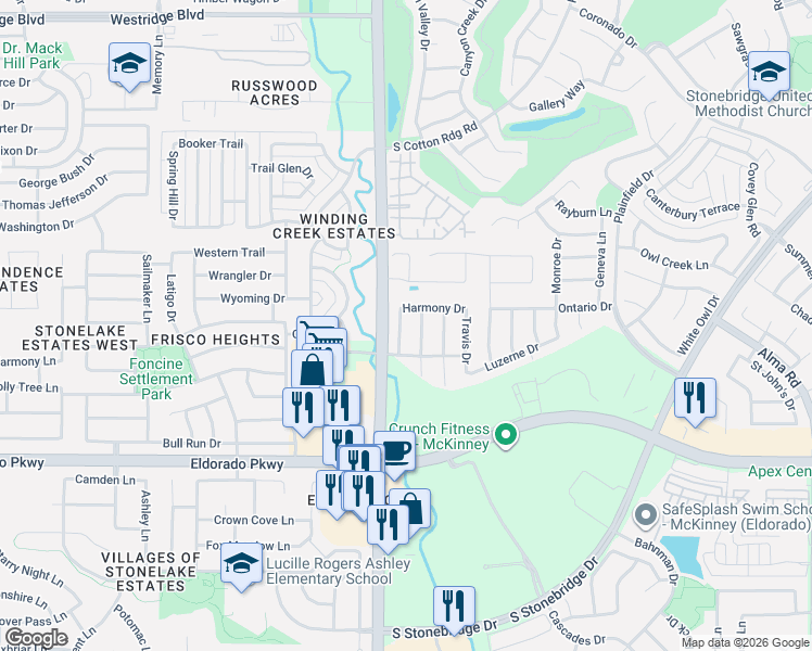 map of restaurants, bars, coffee shops, grocery stores, and more near 2605 Swan Drive in McKinney