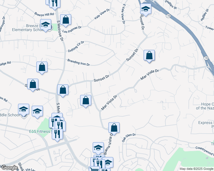 map of restaurants, bars, coffee shops, grocery stores, and more near 1061 Lime Place in Vista