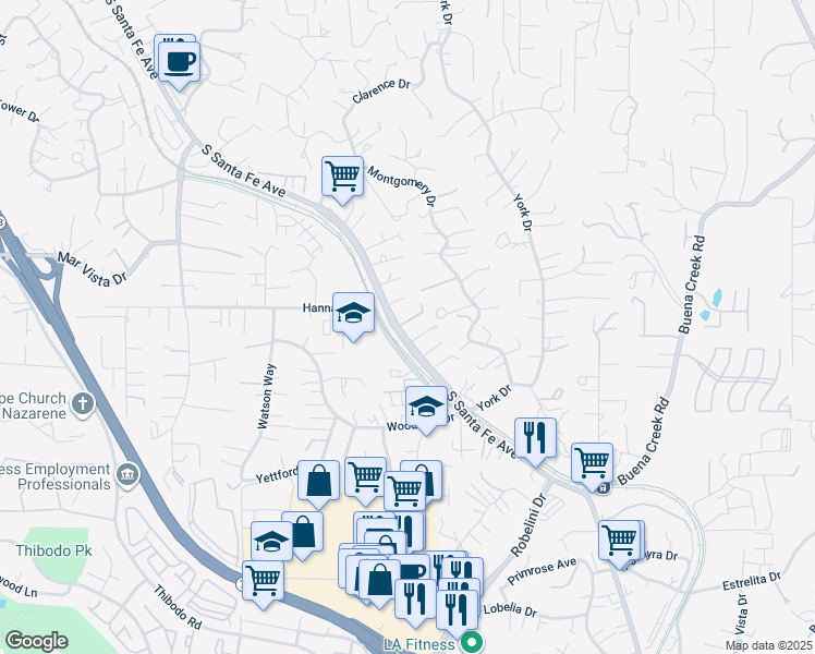 map of restaurants, bars, coffee shops, grocery stores, and more near 1740 South Santa Fe Avenue in Vista