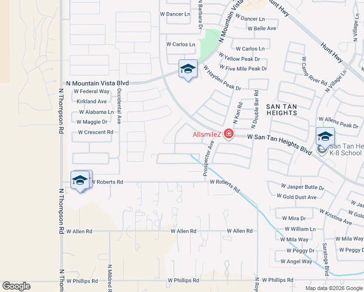 map of restaurants, bars, coffee shops, grocery stores, and more near 3749 West White Canyon Road in Queen Creek