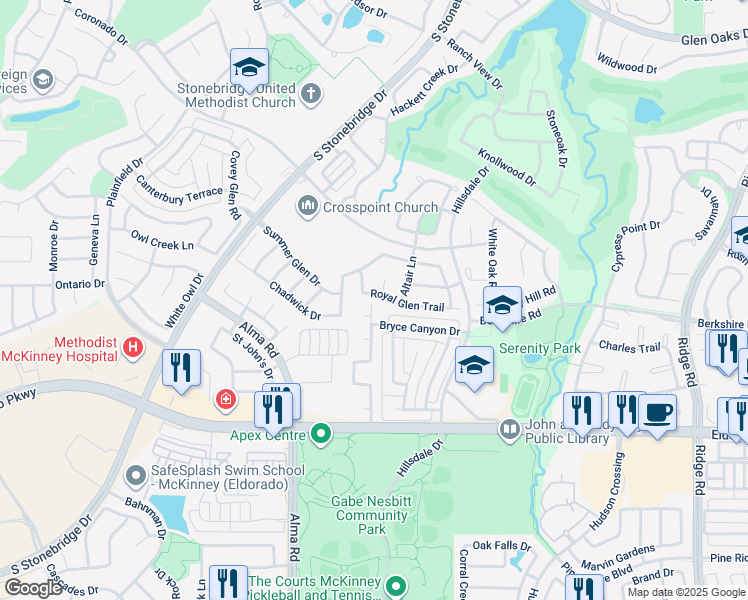 map of restaurants, bars, coffee shops, grocery stores, and more near 7308 Midcrest Court in McKinney