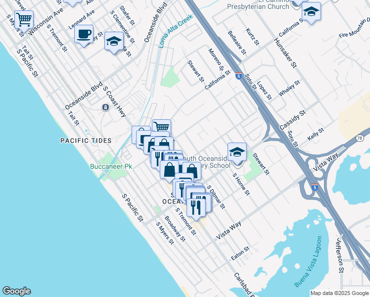 map of restaurants, bars, coffee shops, grocery stores, and more near 1632 South Ditmar Street in Oceanside