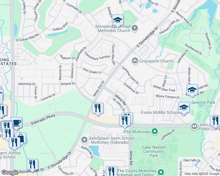 map of restaurants, bars, coffee shops, grocery stores, and more near 2702 Alma Road in McKinney