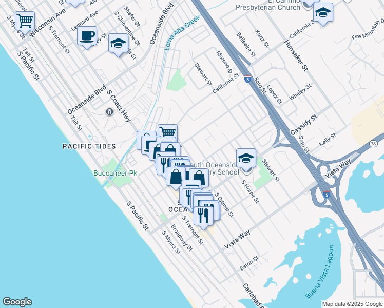 map of restaurants, bars, coffee shops, grocery stores, and more near 1646 South Ditmar Street in Oceanside