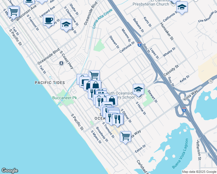 map of restaurants, bars, coffee shops, grocery stores, and more near 1632 South Ditmar Street in Oceanside