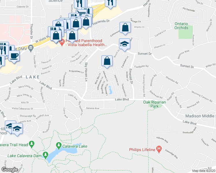 map of restaurants, bars, coffee shops, grocery stores, and more near 249 Brookside Lane in Oceanside
