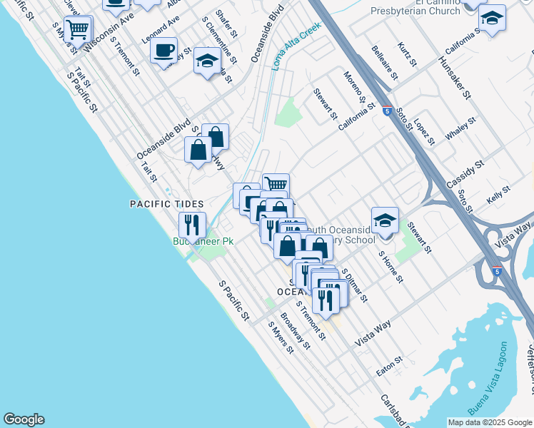 map of restaurants, bars, coffee shops, grocery stores, and more near 1573 Vista del Mar Way in Oceanside