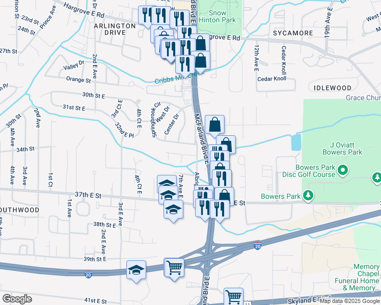 map of restaurants, bars, coffee shops, grocery stores, and more near 721 33rd Street East in Tuscaloosa