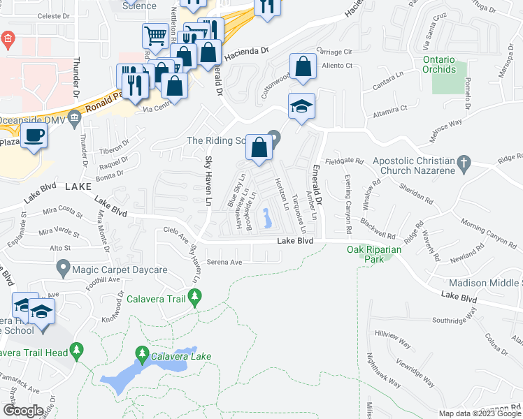 map of restaurants, bars, coffee shops, grocery stores, and more near 249 Brookside Lane in Oceanside