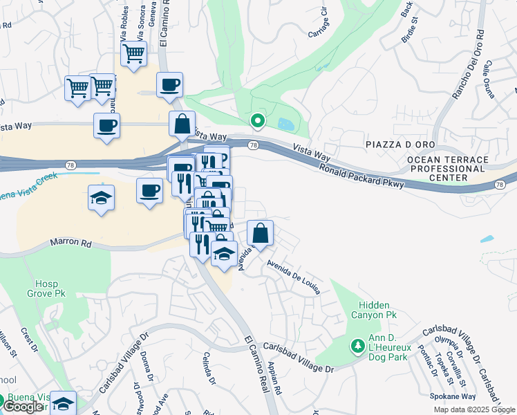 map of restaurants, bars, coffee shops, grocery stores, and more near 2504 Marron Road in Carlsbad