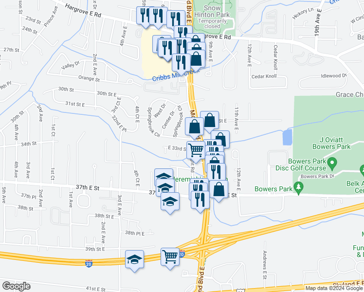 map of restaurants, bars, coffee shops, grocery stores, and more near 708 33rd Street East in Tuscaloosa