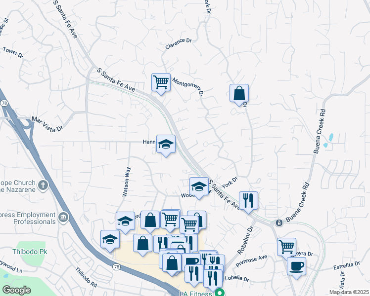 map of restaurants, bars, coffee shops, grocery stores, and more near 1740 South Santa Fe Avenue in Vista