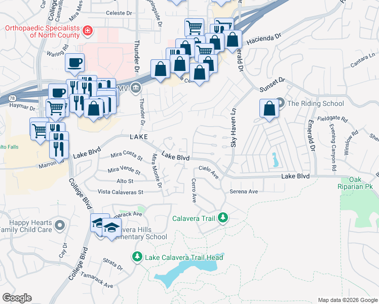 map of restaurants, bars, coffee shops, grocery stores, and more near 4201 Dusk Lane in Oceanside