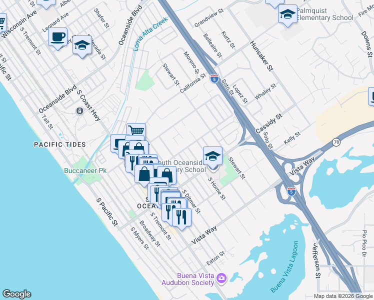 map of restaurants, bars, coffee shops, grocery stores, and more near 1706 South Clementine Street in Oceanside
