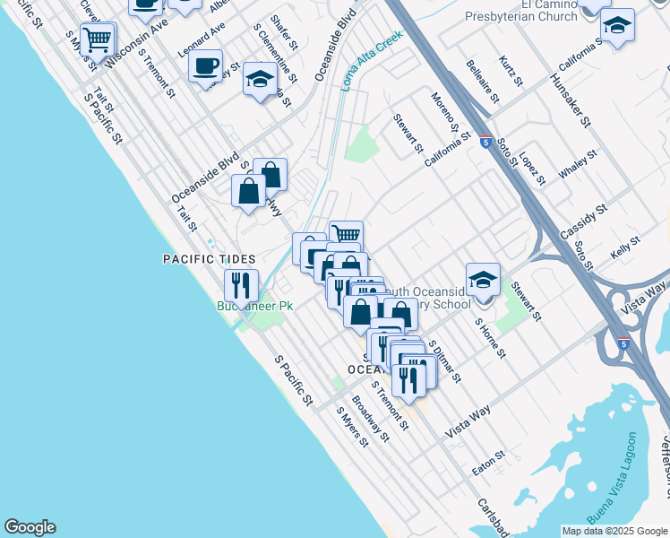 map of restaurants, bars, coffee shops, grocery stores, and more near 1573 Vista del Mar Way in Oceanside