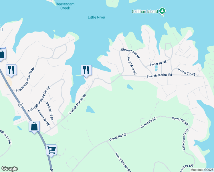 map of restaurants, bars, coffee shops, grocery stores, and more near 177 Sinclair Marina Road Northeast in Milledgeville