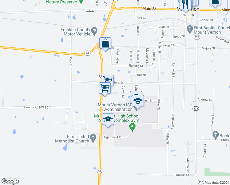 map of restaurants, bars, coffee shops, grocery stores, and more near 407 Texas 37 in Mount Vernon