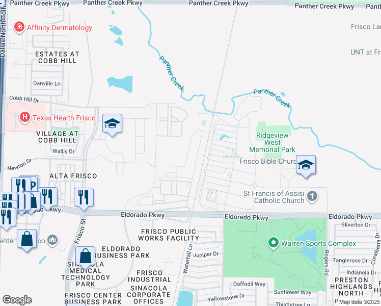 map of restaurants, bars, coffee shops, grocery stores, and more near 12050 Research Road in Frisco