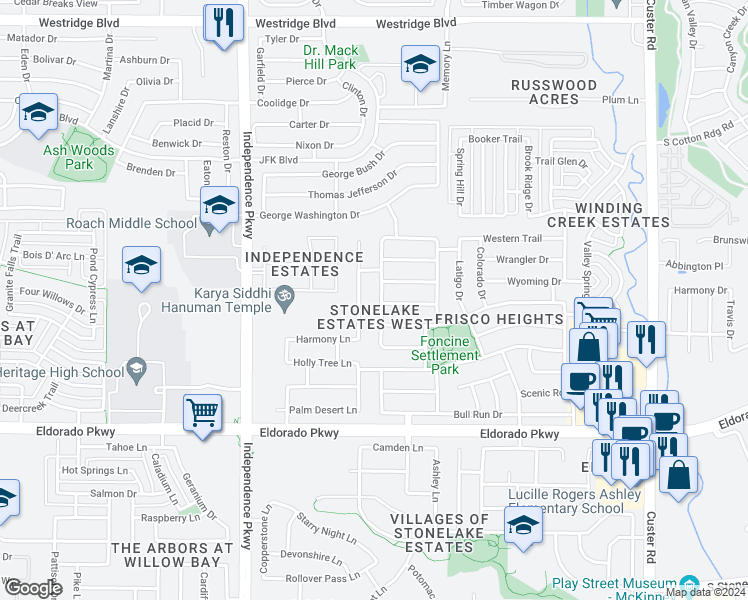 map of restaurants, bars, coffee shops, grocery stores, and more near 12221 Salt Grass Lane in Frisco
