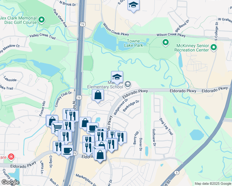 map of restaurants, bars, coffee shops, grocery stores, and more near 1721 Park Central Drive in McKinney