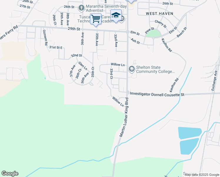 map of restaurants, bars, coffee shops, grocery stores, and more near 3525 Willow Lane in Tuscaloosa