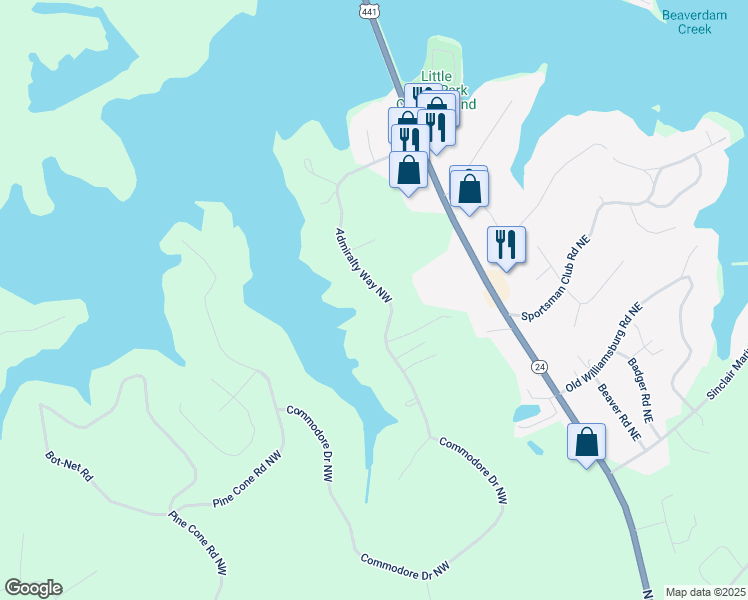 map of restaurants, bars, coffee shops, grocery stores, and more near 155 Admiralty Way Northwest in Milledgeville