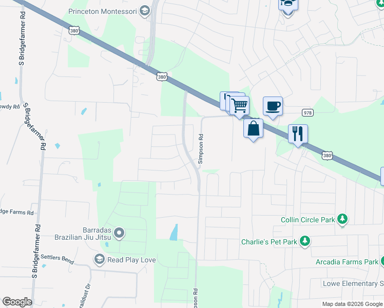 map of restaurants, bars, coffee shops, grocery stores, and more near Simpson Road in Princeton
