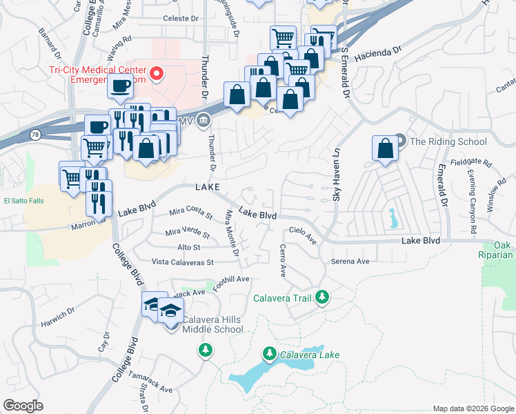 map of restaurants, bars, coffee shops, grocery stores, and more near 3601 Del Cero Avenue in Oceanside