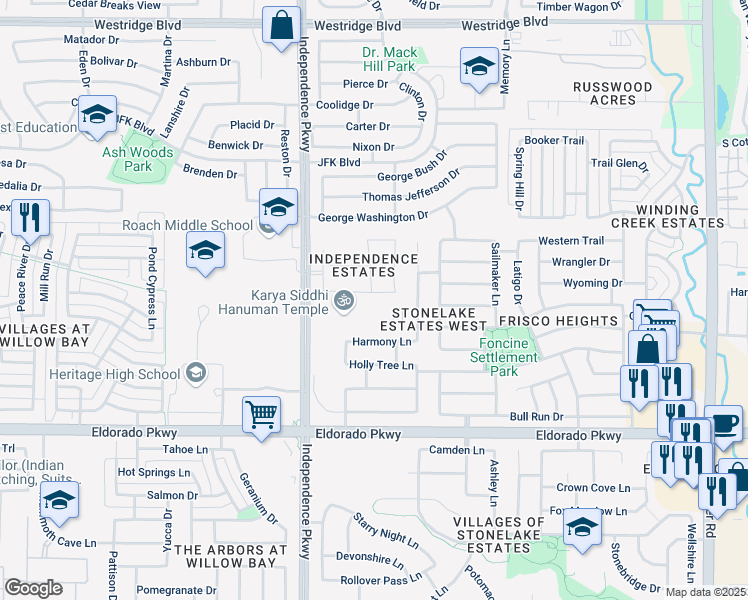 map of restaurants, bars, coffee shops, grocery stores, and more near 14823 Begonia Drive in Frisco
