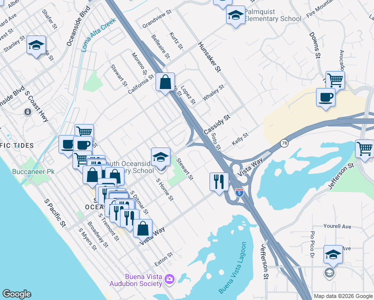 map of restaurants, bars, coffee shops, grocery stores, and more near 1809 Burroughs Street in Oceanside