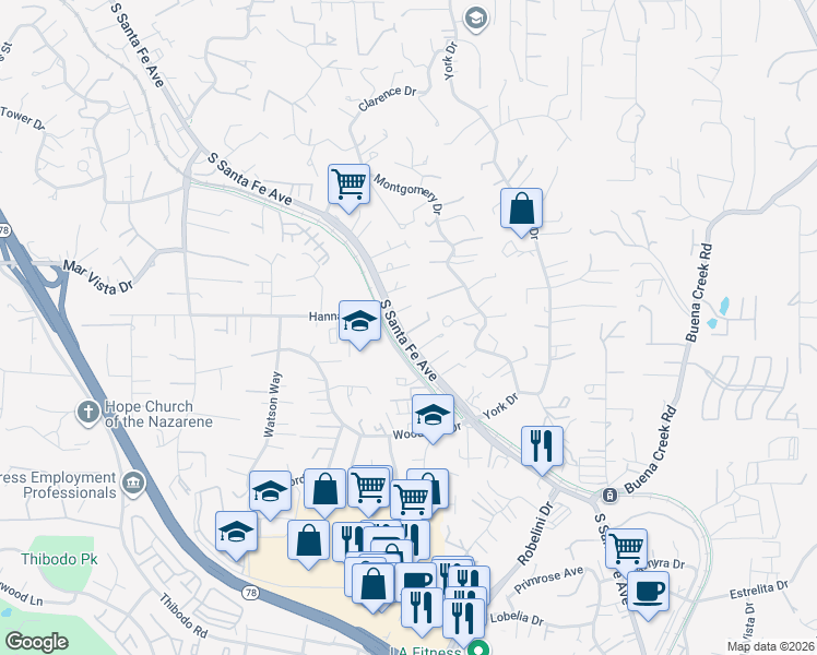 map of restaurants, bars, coffee shops, grocery stores, and more near 1724 South Santa Fe Avenue in Vista