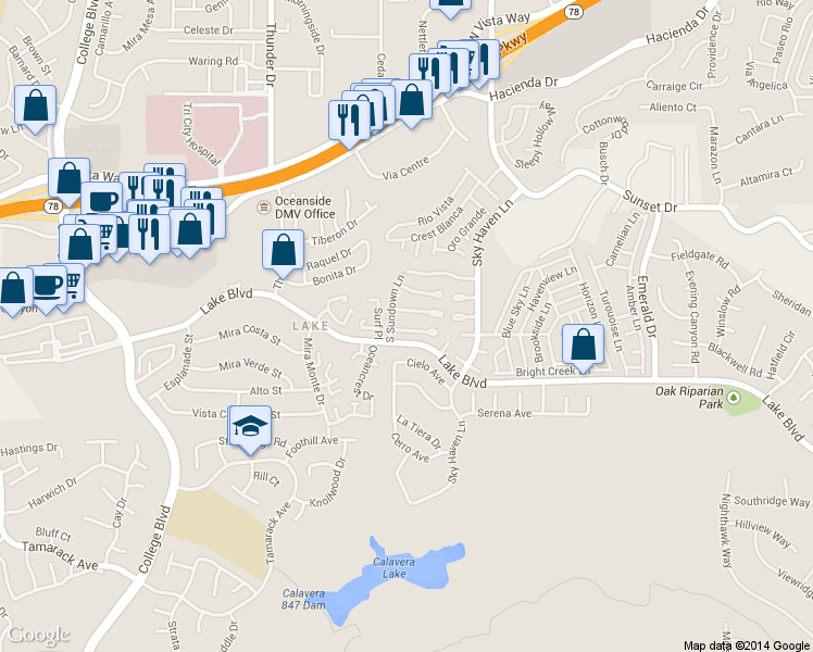 map of restaurants, bars, coffee shops, grocery stores, and more near 4201 Dusk Lane in Oceanside