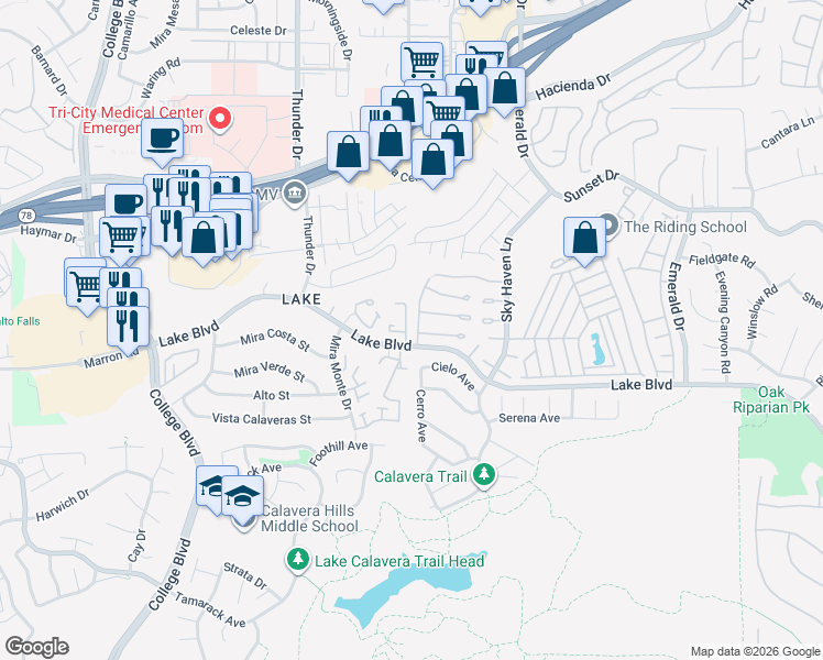 map of restaurants, bars, coffee shops, grocery stores, and more near 3579 South Sundown Lane in Oceanside