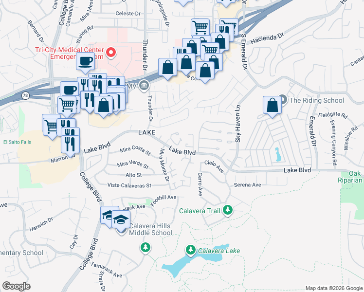 map of restaurants, bars, coffee shops, grocery stores, and more near 3601 Del Cero Avenue in Oceanside