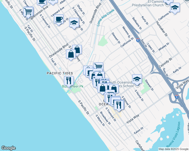 map of restaurants, bars, coffee shops, grocery stores, and more near 1573 Vista del Mar Way in Oceanside